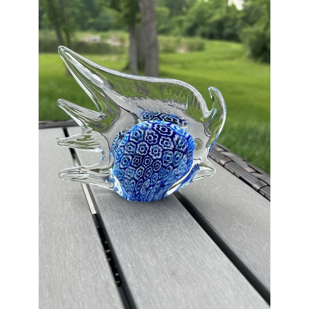 Hand Blown Art Glass Blue Millefiori Angel Fish Tropical Fish Paperweight Figure